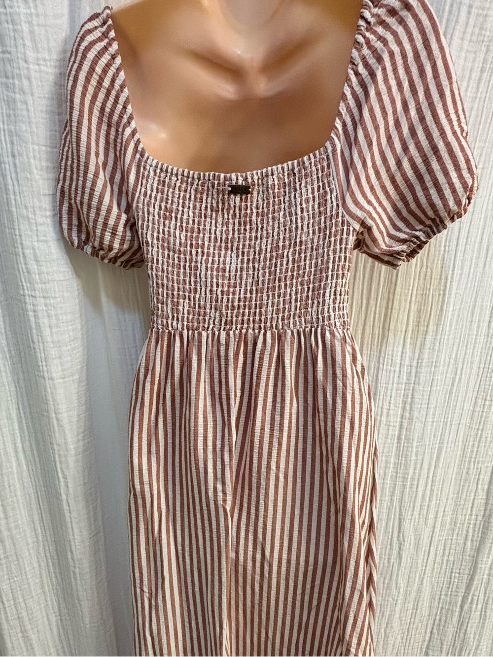 Smocked Square-Neck Midi Dress in Brown Stripe - Picture 3 of 5